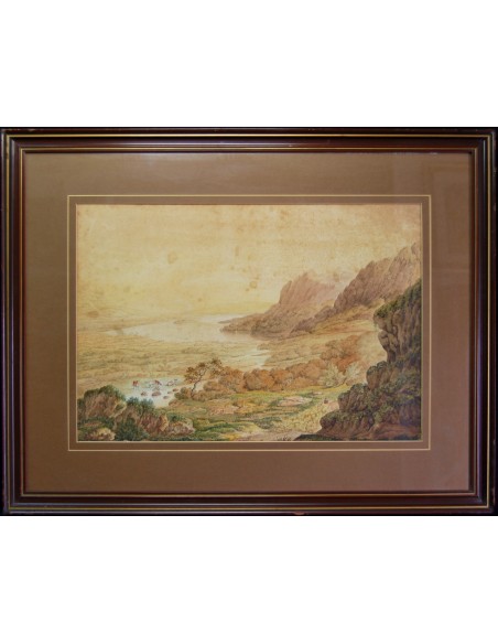 Paisaje con pastor y su ganado, dibujo y acuarela de finales del siglo XVIII