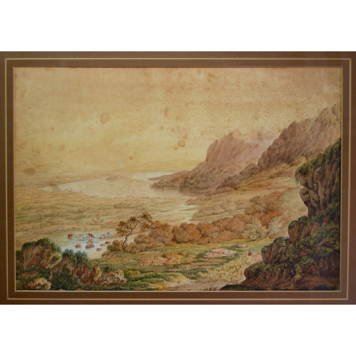 Paisaje con pastor y su ganado, dibujo y acuarela de finales del siglo XVIII