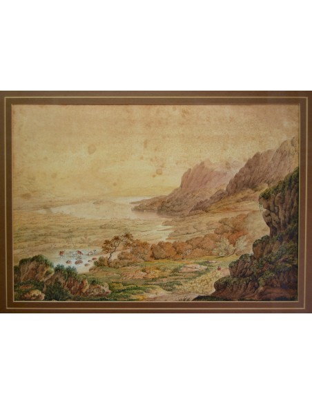 Paisaje con pastor y su ganado, dibujo y acuarela de finales del siglo XVIII