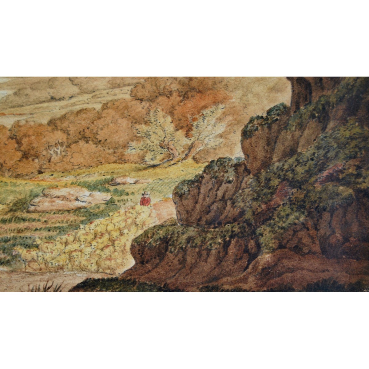 Paisaje con pastor y su ganado, dibujo y acuarela de finales del siglo XVIII