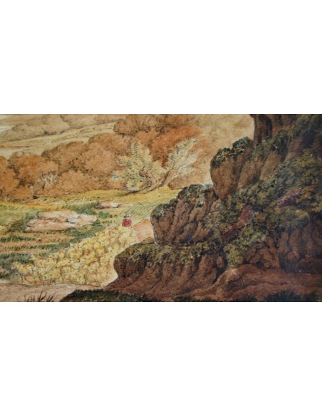 Paisaje con pastor y su ganado, dibujo y acuarela de finales del siglo XVIII