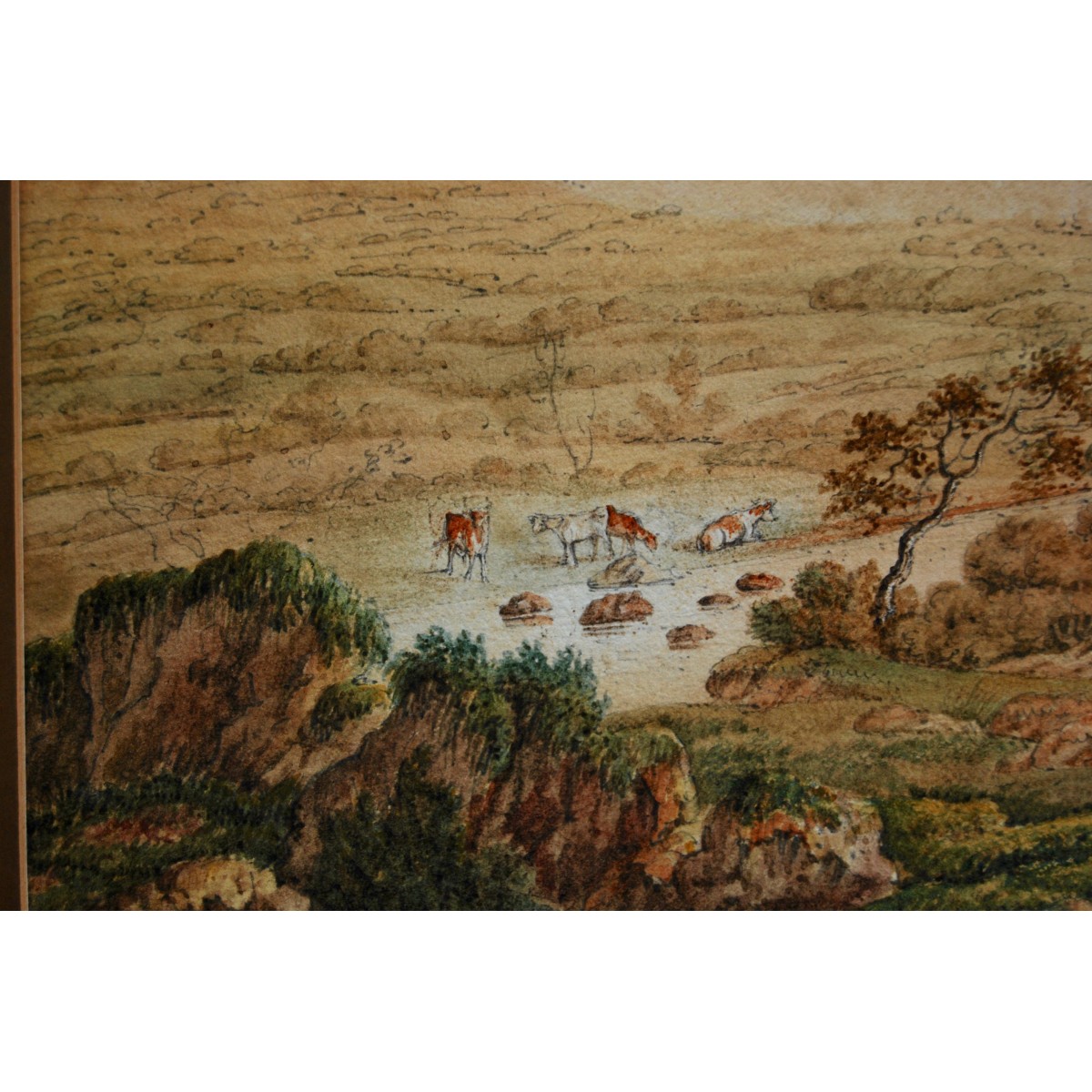 Paisaje con pastor y su ganado, dibujo y acuarela de finales del siglo XVIII