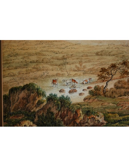 Paisaje con pastor y su ganado, dibujo y acuarela de finales del siglo XVIII