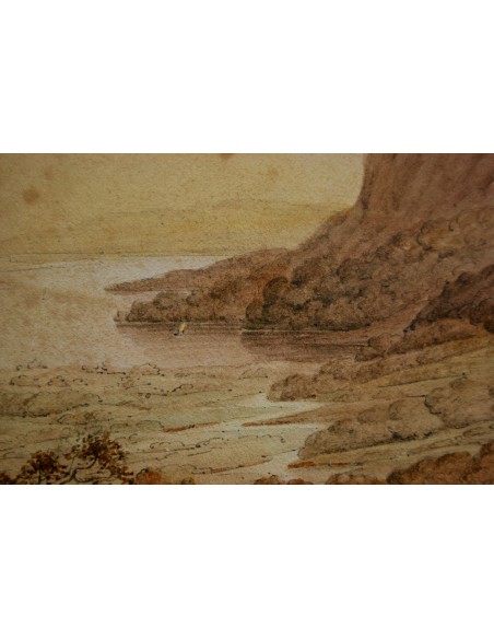 Paisaje con pastor y su ganado, dibujo y acuarela de finales del siglo XVIII