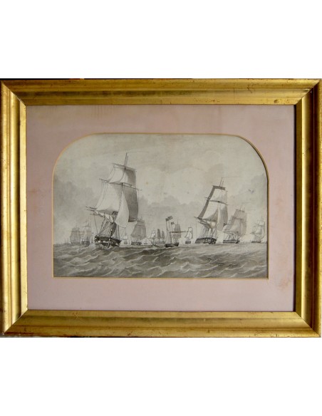 Marina con veleros, acuarela, del siglo XIX.