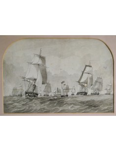 Marina con veleros, acuarela, del siglo XIX. 2