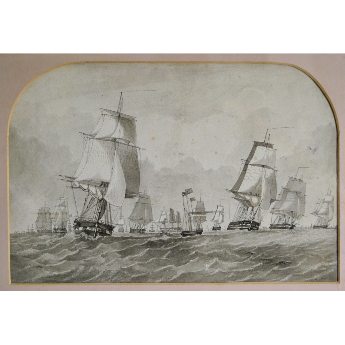 Marina con veleros, acuarela, del siglo XIX.