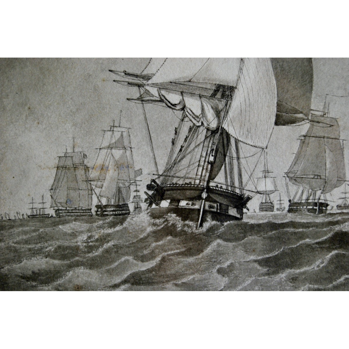 Marina con veleros, acuarela, del siglo XIX.