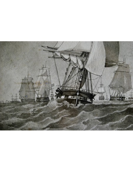 Marina con veleros, acuarela, del siglo XIX.