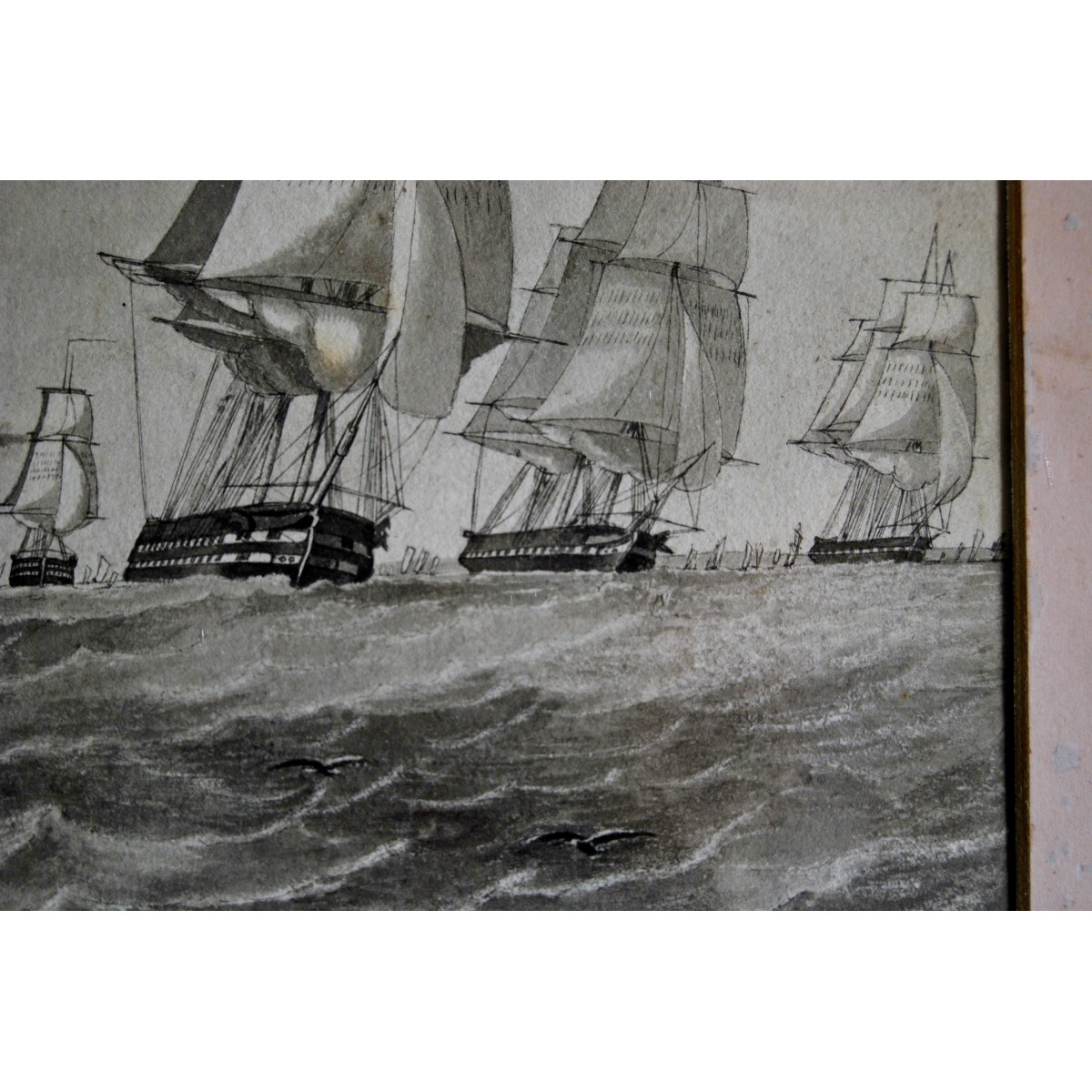 Marina con veleros, acuarela, del siglo XIX.