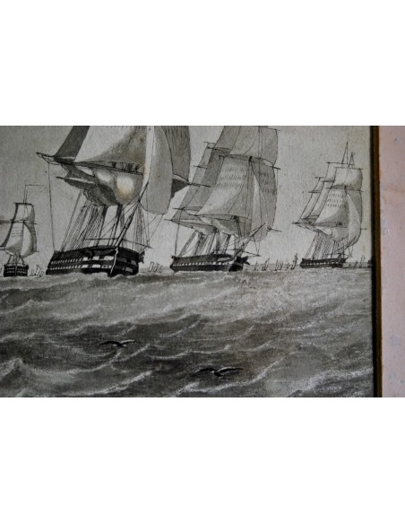 Marina con veleros, acuarela, del siglo XIX.