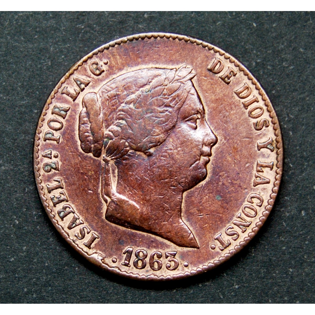 Moneda Isabelina de 25 céntimos, 1863, ceca de Segovia.