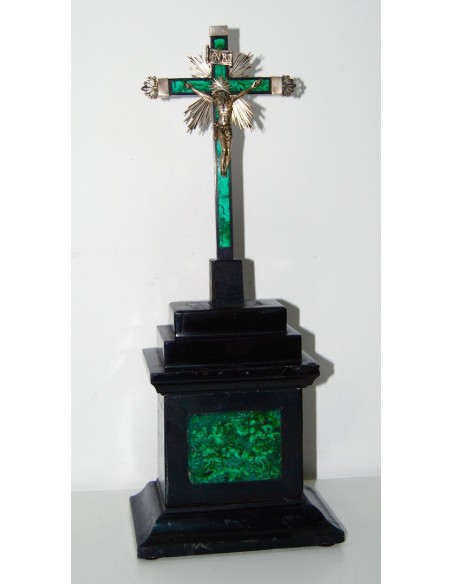 Crucifijo de plata ebano y malaquita, siglo XIX