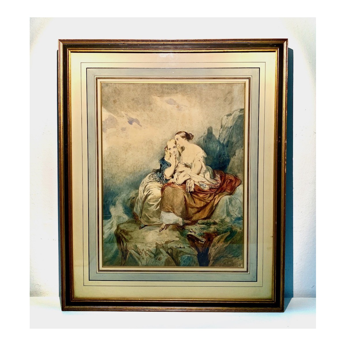 Acuarela del siglo XIX, mujeres contemplando el mar.