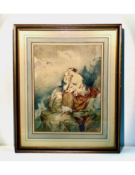 Acuarela del siglo XIX, mujeres contemplando el mar.