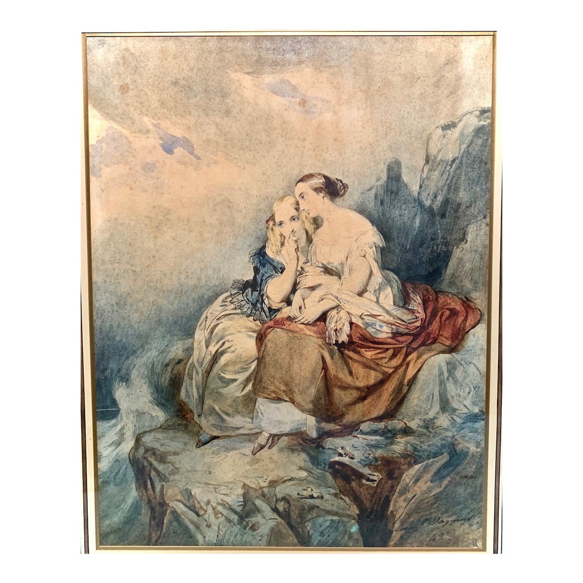 Acuarela del siglo XIX, mujeres contemplando el mar.