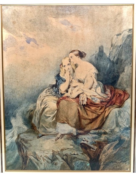 Acuarela del siglo XIX, mujeres contemplando el mar.