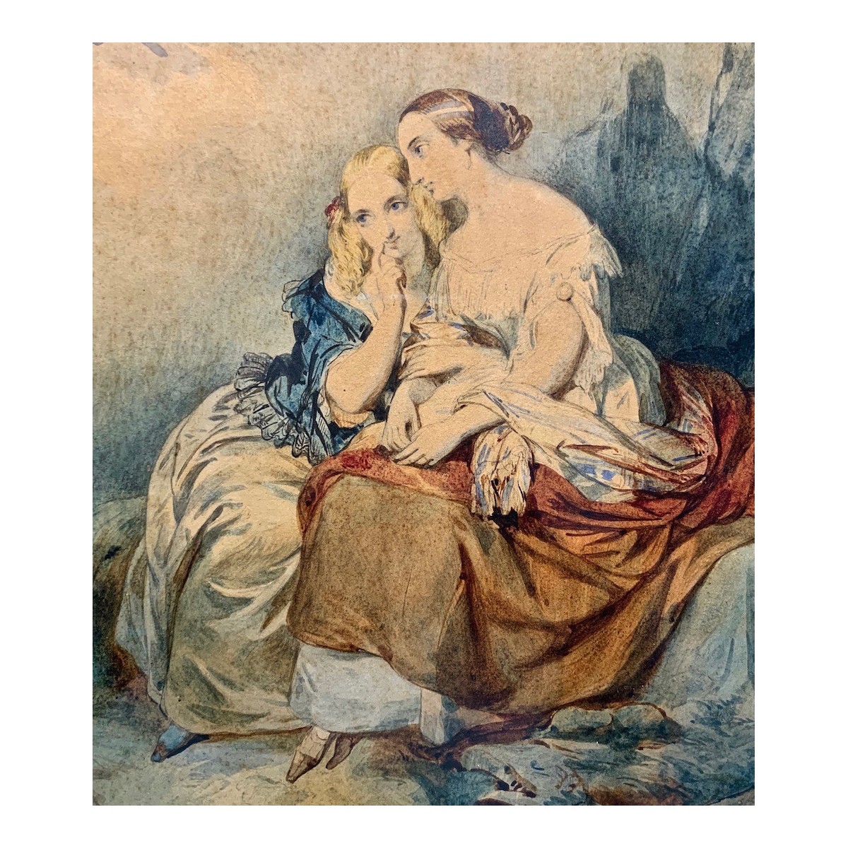 Acuarela del siglo XIX, mujeres contemplando el mar.