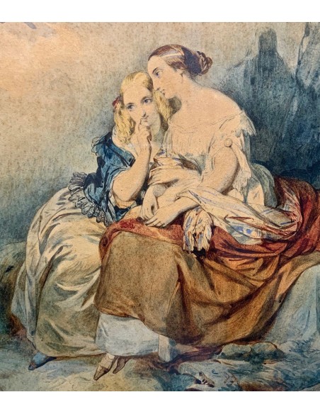 Acuarela del siglo XIX, mujeres contemplando el mar.