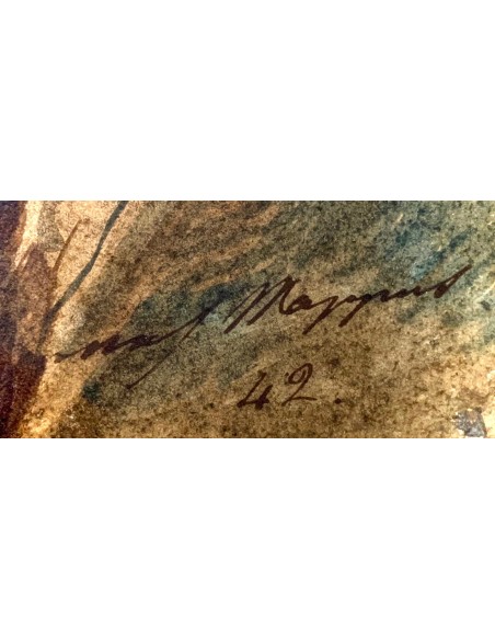 Acuarela del siglo XIX, mujeres contemplando el mar.