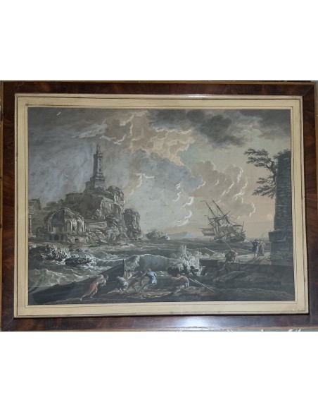 Grabado acuarelado, “Naufragio a puerto” siglo XIX