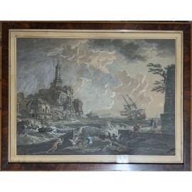 Grabado acuarelado, “Naufragio a puerto” siglo XIX 2