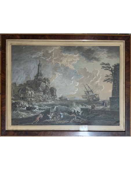 Grabado acuarelado, “Naufragio a puerto” siglo XIX