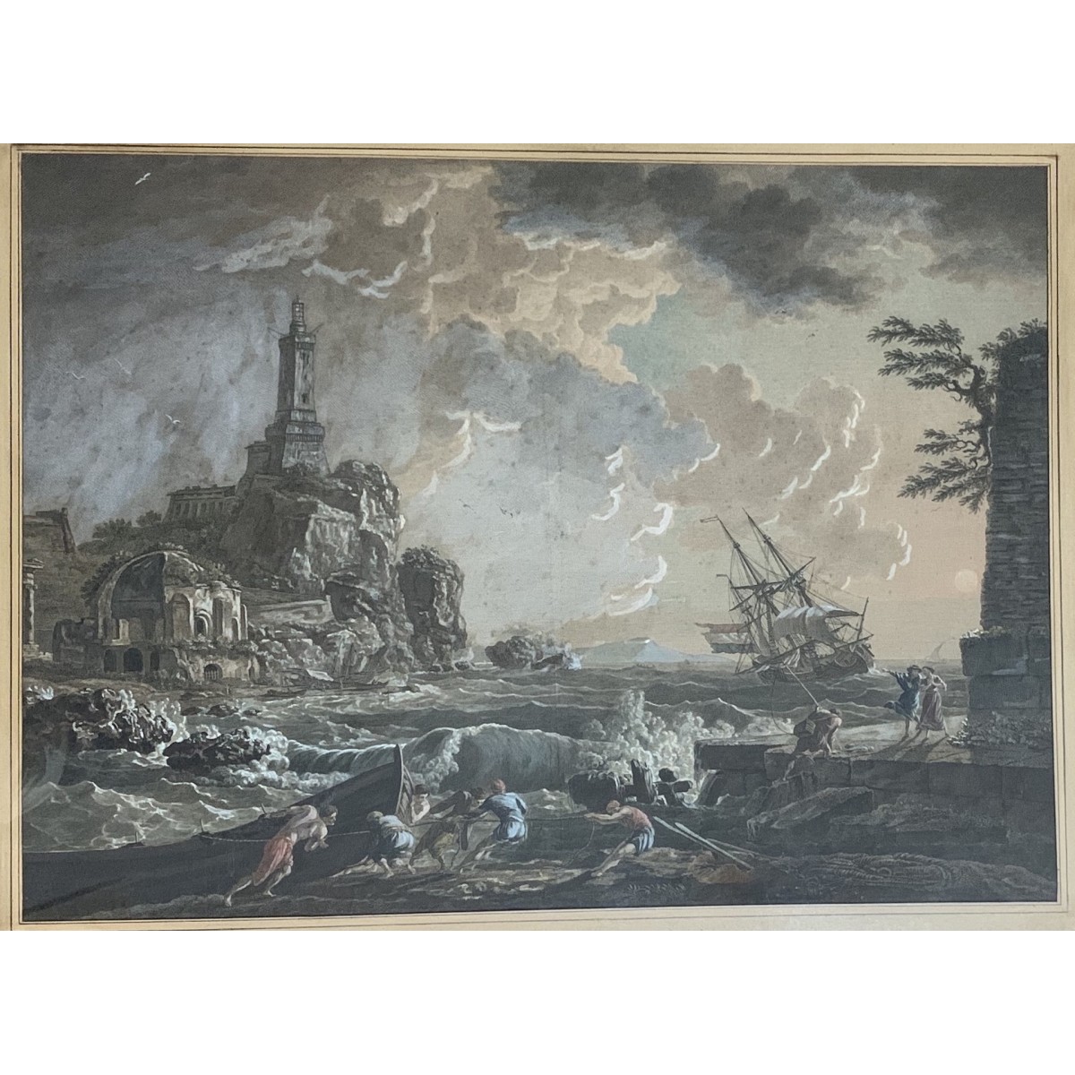 Grabado acuarelado, “Naufragio a puerto” siglo XIX