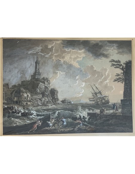 Grabado acuarelado, “Naufragio a puerto” siglo XIX