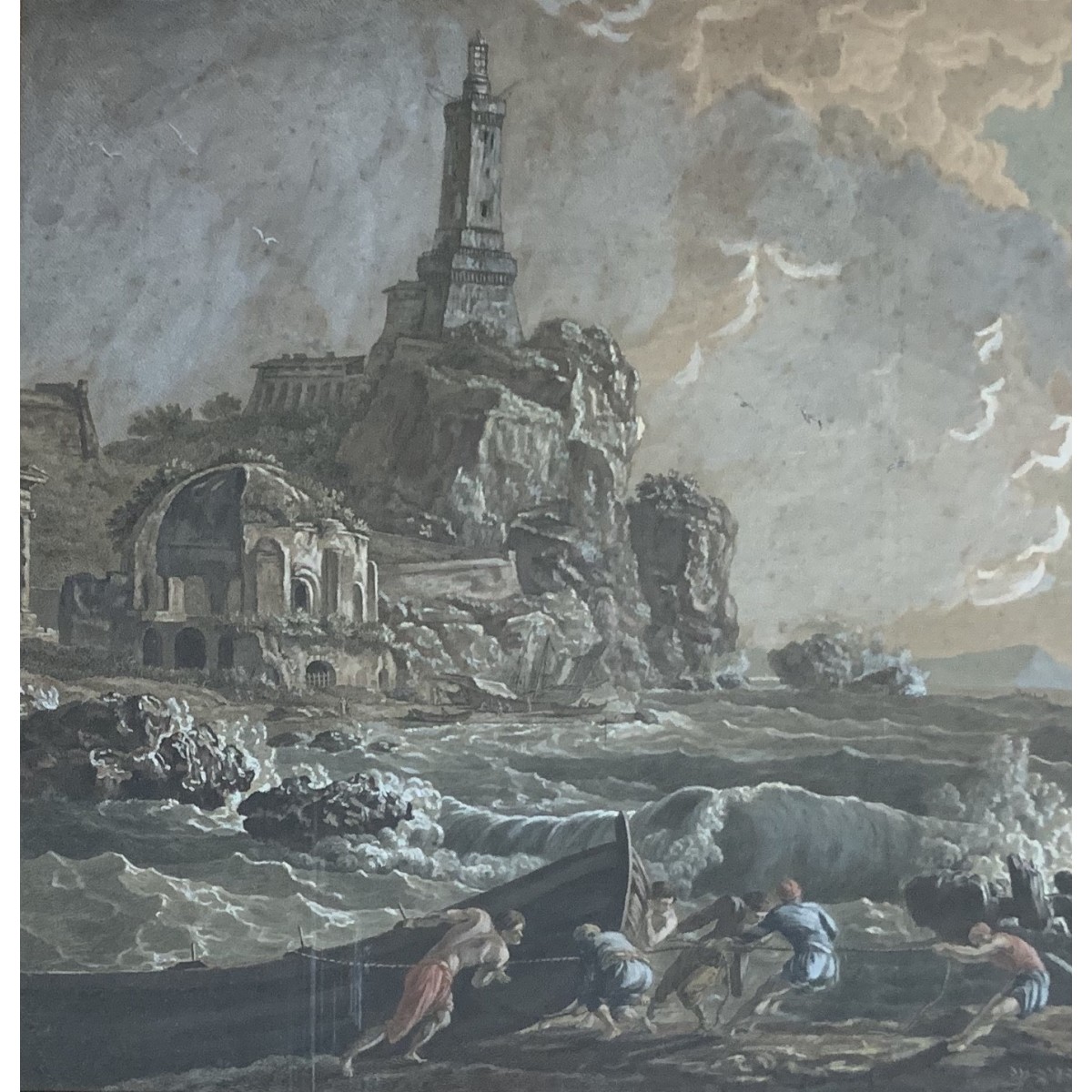 Grabado acuarelado, “Naufragio a puerto” siglo XIX