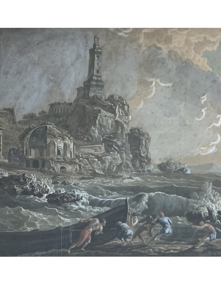 Grabado acuarelado, “Naufragio a puerto” siglo XIX