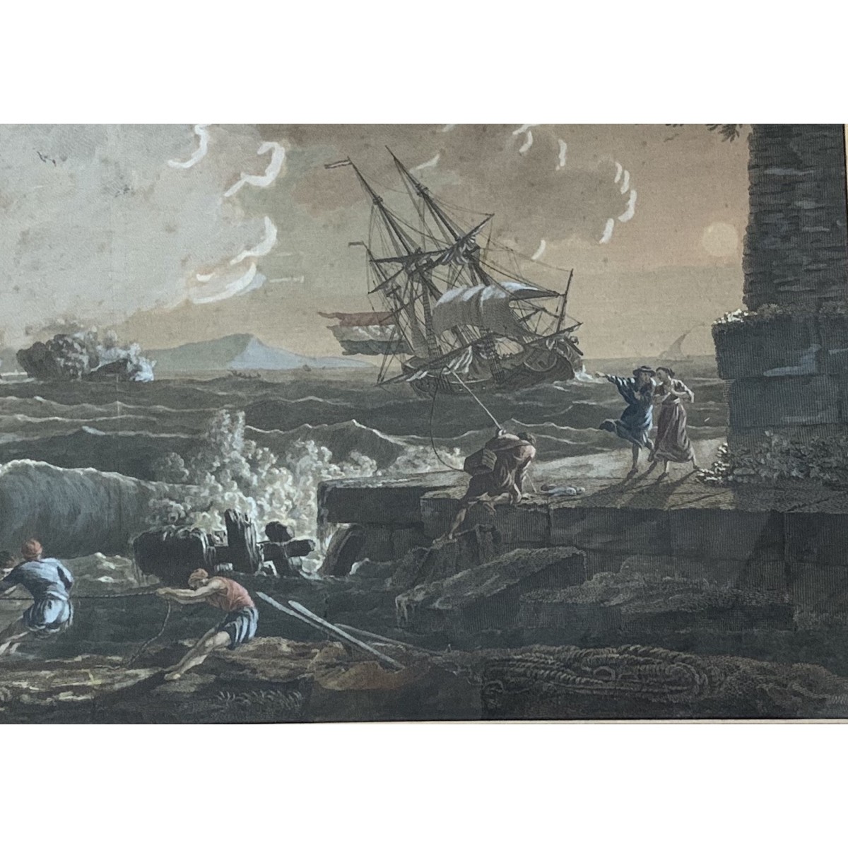 Grabado acuarelado, “Naufragio a puerto” siglo XIX