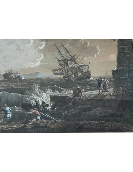 Grabado acuarelado, “Naufragio a puerto” siglo XIX