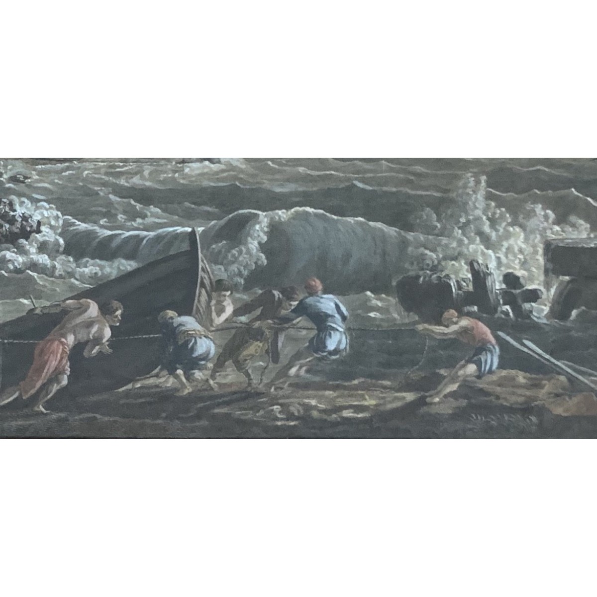 Grabado acuarelado, “Naufragio a puerto” siglo XIX