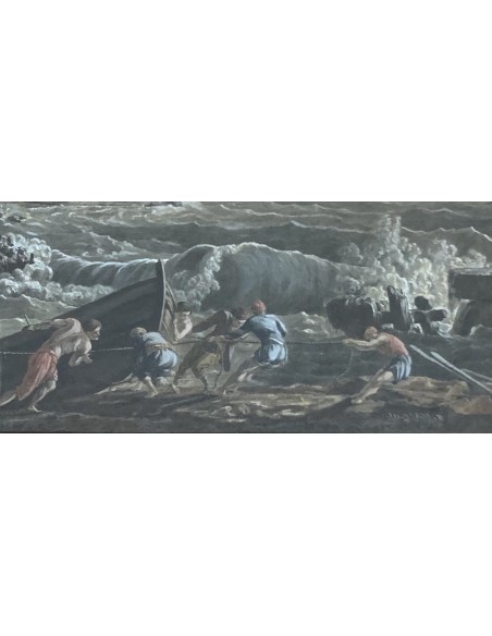 Grabado acuarelado, “Naufragio a puerto” siglo XIX