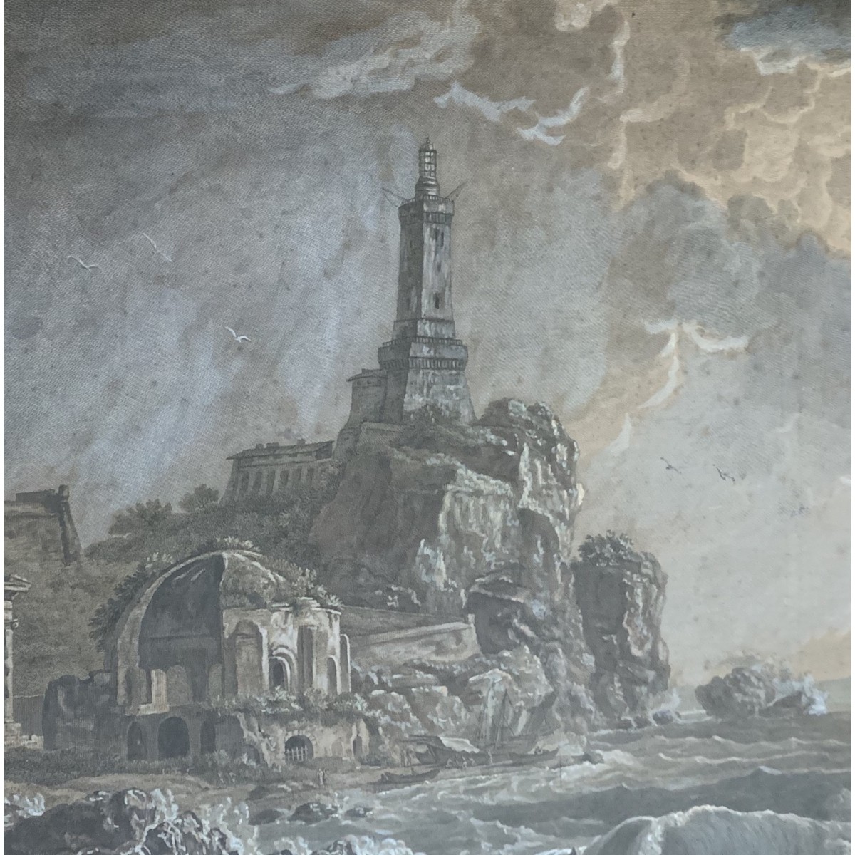 Grabado acuarelado, “Naufragio a puerto” siglo XIX