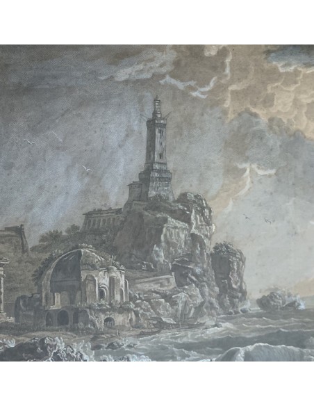 Grabado acuarelado, “Naufragio a puerto” siglo XIX