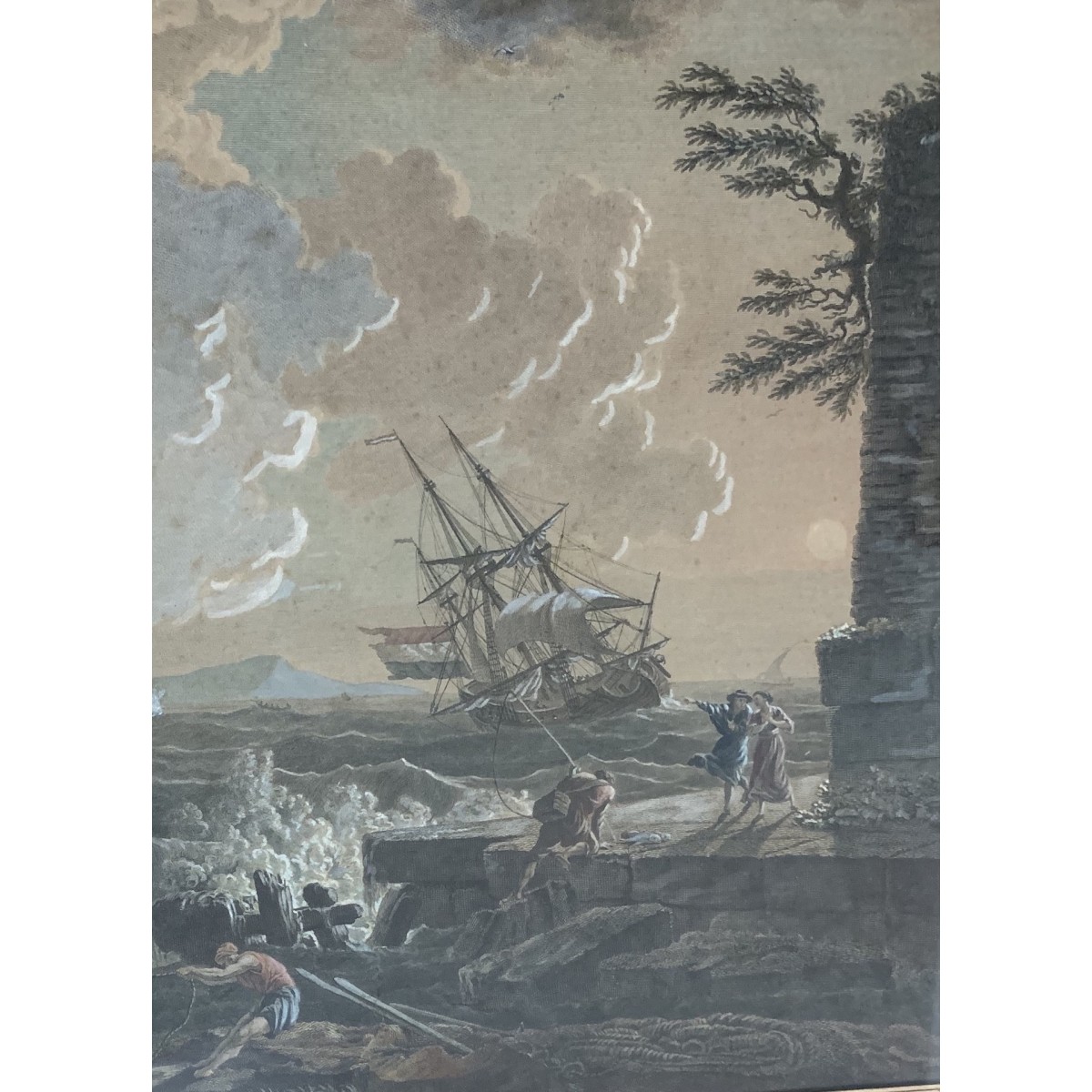 Grabado acuarelado, “Naufragio a puerto” siglo XIX
