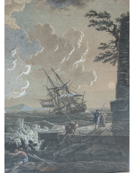 Grabado acuarelado, “Naufragio a puerto” siglo XIX