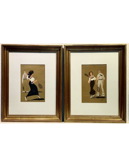 Pareja de dibujos al gouache, “Clases de tenis”