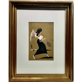 Pareja de dibujos al gouache, “Clases de tenis” 2