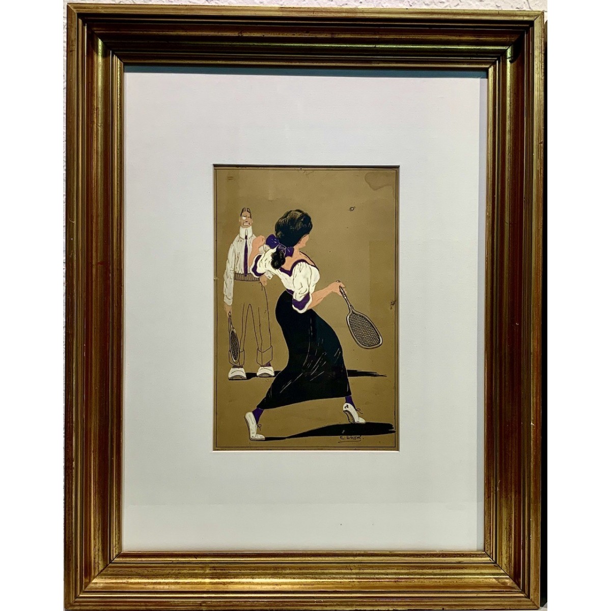 Pareja de dibujos al gouache, “Clases de tenis”