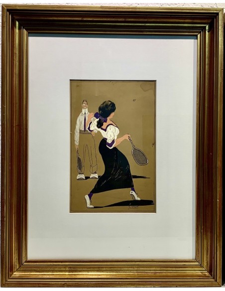 Pareja de dibujos al gouache, “Clases de tenis”