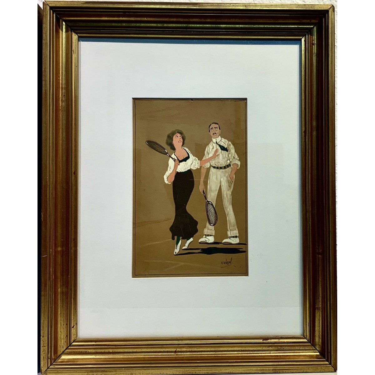 Pareja de dibujos al gouache, “Clases de tenis”