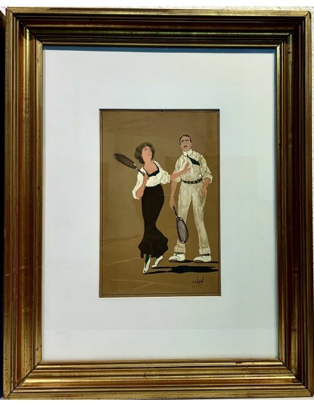 Pareja de dibujos al gouache, “Clases de tenis”