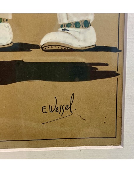 Pareja de dibujos al gouache, “Clases de tenis”