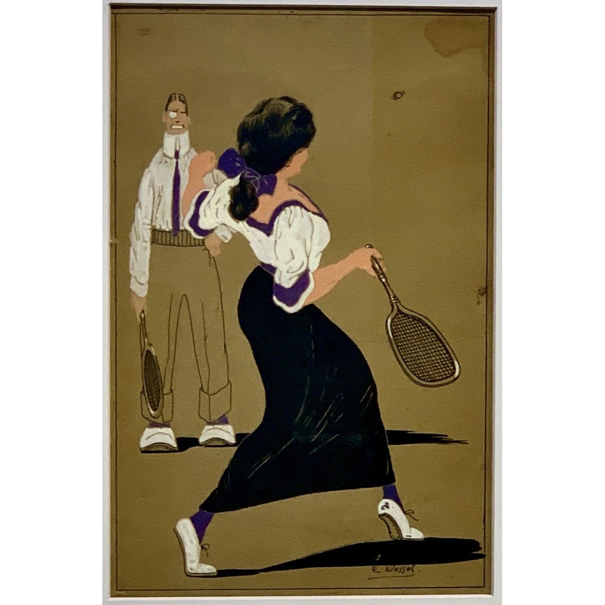 Pareja de dibujos al gouache, “Clases de tenis”