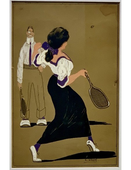 Pareja de dibujos al gouache, “Clases de tenis”