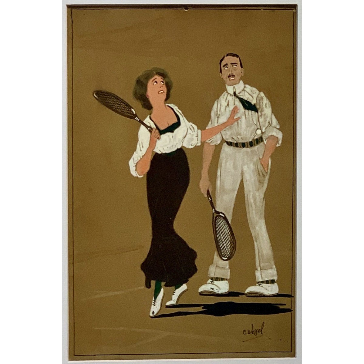 Pareja de dibujos al gouache, “Clases de tenis”