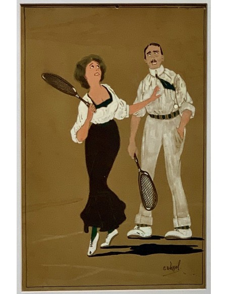 Pareja de dibujos al gouache, “Clases de tenis”